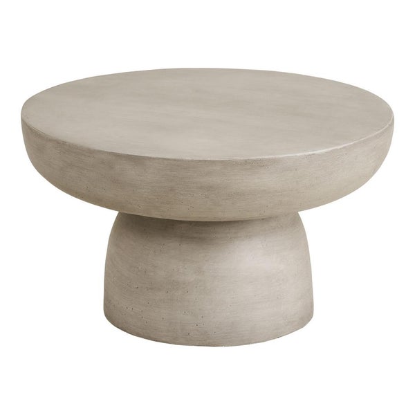 Runder Couchtisch aus grauem Beton mit massivem Standfuß.