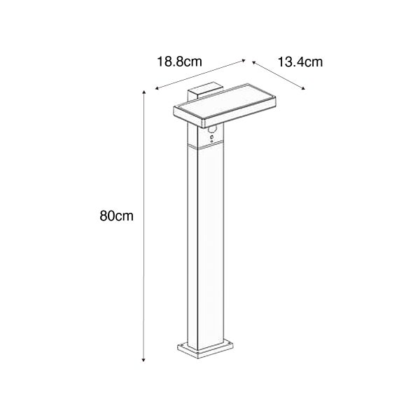 Technische Zeichnung einer Wegeleuchte mit Maßen: Höhe 80 Zentimeter, Breite 18,8 Zentimeter, Tiefe 13,4 Zentimeter.