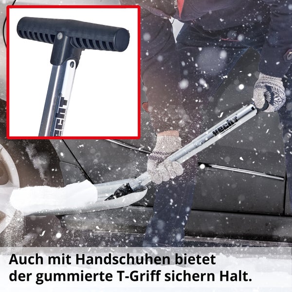 Schneeräumer mit T-Griff zum Schneeschippen vor einem Auto