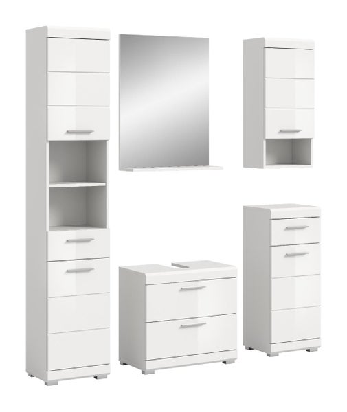 Fünfteiliges Badezimmermöbel-Set in Weiß Hochglanz mit Hochschrank, Spiegel, Wandschrank, Waschbeckenunterschrank und Beistellschrank.
