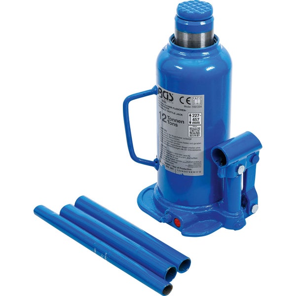 Blauer hydraulischer Stempelwagenheber von BGS Technic mit 12 Tonnen Tragkraft und dreiteiliger Hebelstange.