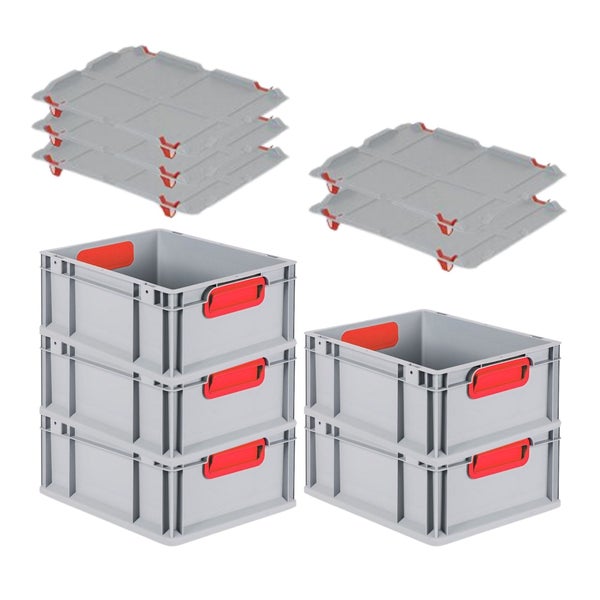 PROREGAL Spar Set 5x Eurobox Nextgen Color Mit Auflagedeckel & Schiebeschnappverschlüsse HxBxT 17 x 30 x 40 cm Griffe Rot Geschlossen Glatter Boden