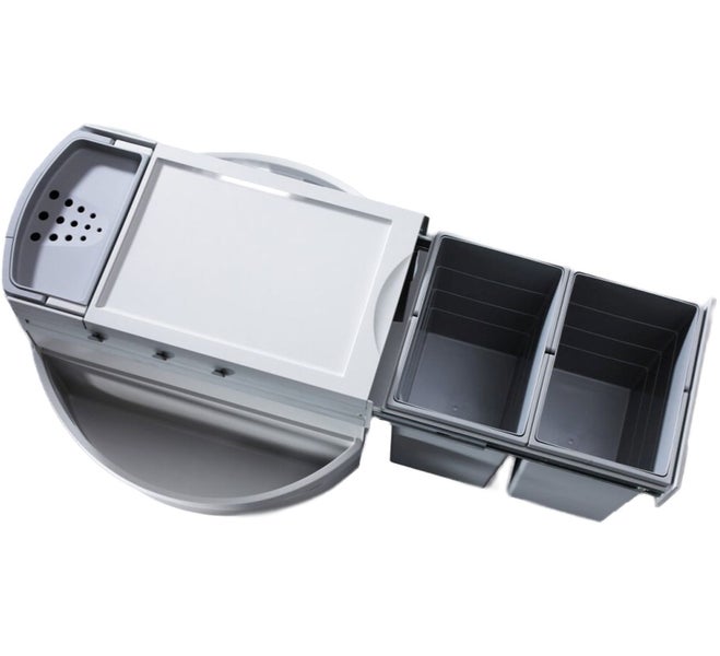 Abfalltrennsystem mit zwei Müllbehältern und Ablagefläche