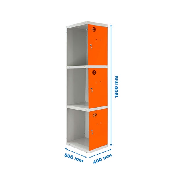 Dreistöckiger Stahlschrank mit Fächern und Türen, Abmessungen 1800 x 500 x 400 Millimeter