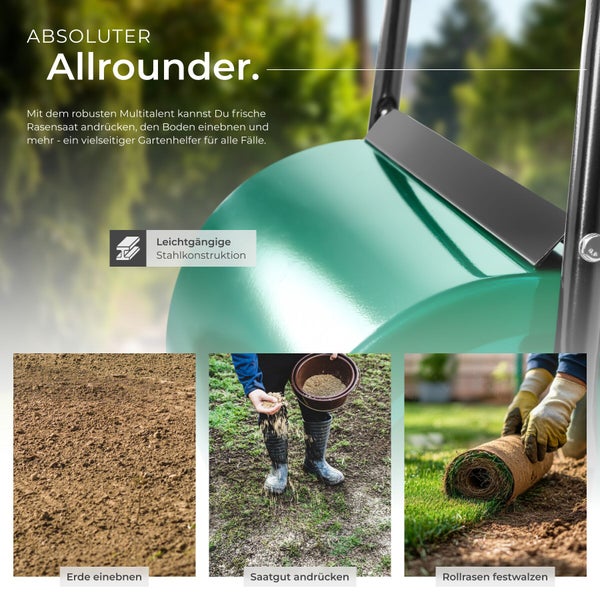 Gartenwalze aus Stahl zur Bodenbearbeitung, zum Andrücken von Saatgut und zum Festwalzen von Rollrasen, ideal als vielseitiger Gartenhelfer.