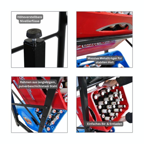 Details eines Getränkekistenwagens mit höhenverstellbaren Füßen, massivem Metallträger, Rahmen aus pulverbeschichtetem Stahl und einfacher Be- und Entladung.