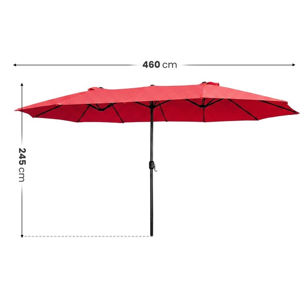 Roter Doppel-Sonnenschirm mit Kurbel, Breite 460 Zentimeter, Höhe 245 Zentimeter.