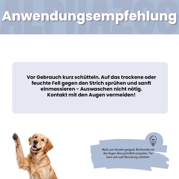 Anwendungsempfehlung für ein Tierpflegeprodukt mit Hinweisen zur Anwendung und Vorsichtsmaßnahmen