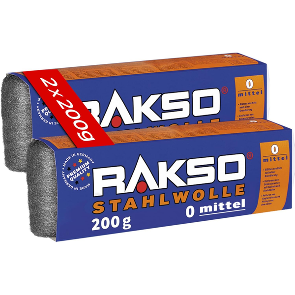 Rakso Stahlwolle, Feinheitsgrad 0 mittel, Doppelpack 2 mal 200 Gramm, hergestellt in Deutschland, Premium-Qualität.