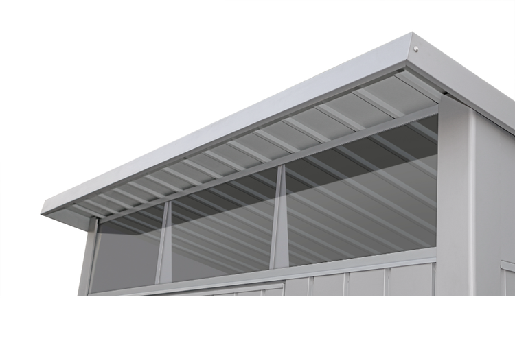 Spielturm aus Holz mit Dach, Rutsche, Schaukel, Turnringen, Kletterwand und Strickleiter in der Draufsicht.