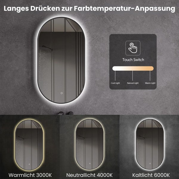 LED Spiegel Oval Spiegelheizung 40x60 oder 55x100 Schwarz Matt Warm-/Kaltlichteinstellung Badspiegel