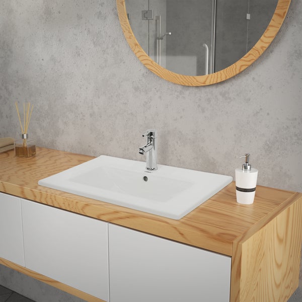 ECD Germany Waschbecken Waschtisch 610x465x175 mm Keramik Weiß inkl Ablaufgarnitur mit Überlauf Einbaubecken Einbauwaschbecken Handwaschbecken Einbauwaschtisch Aufsatzwaschbecken Spülbecken Wasserfall