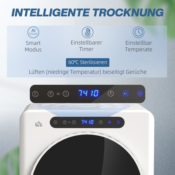 Homcom Wäschetrockner mit digitalem Display, Smart-Modus, einstellbarem Timer, Temperaturregelung und 60 Grad Sterilisationsfunktion.