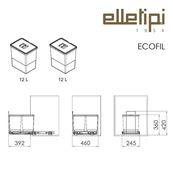 Technische Zeichnung Elletipi ECOFIL Abfallsystem mit zwei 12 Liter Eimern auf Auszugsschiene und Maßen in Millimeter. Elletipi Logo.