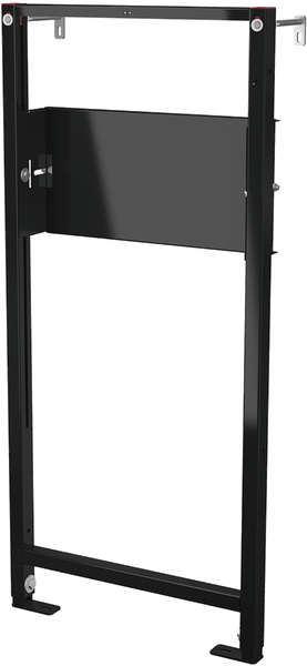 Vorwandelement für Sanitärinstallationen aus schwarzem Metall mit verstellbaren Standfüßen und Wandhalterungen.