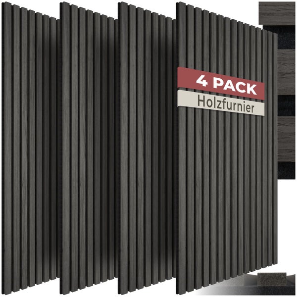 4er Pack Akustikpaneele mit Holzfurnier in Anthrazit, vertikale Holzlamellen für die Wandverkleidung.