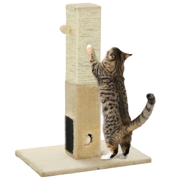 PawHut Kratzstamm, 79cm Kratzsäule mit Fellbürsten, Jute-Katzenkratzbaum mit Spielball, Kratzbaum für Katzen unter 4,5 kg, Katzen Kratzmöbel, Indoor, Beige