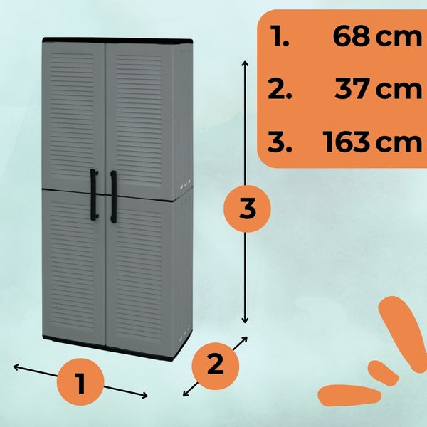 Abbildung eines grauen Kunststoffschranks mit den Maßen 68 cm Breite, 37 cm Tiefe und 163 cm Höhe