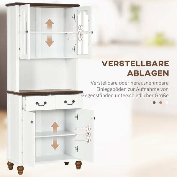 HOMCOM Küchenschrank, Küchenbuffet mit 2 Schubladen, Hochschrank mit offenem Fach, Schrankfach, Vitrinenschrank mit Soft-Close-Funktion für Wohnzimmer, Küche, 76 x 38 x 182 cm, Weiß