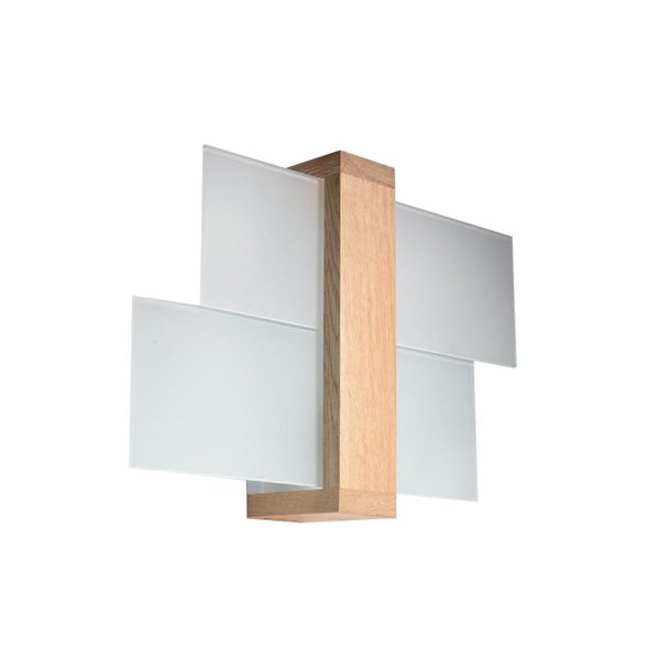 Moderne Wandleuchte aus Holz mit versetzten Scheiben aus Mattglas.