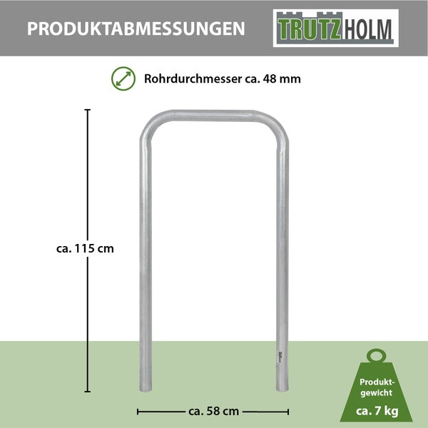 Trutzholm Logo. Rammschutzbügel: Höhe circa 115 Zentimeter, Breite circa 58 Zentimeter, Durchmesser 48 Millimeter, Gewicht circa 7 Kilogramm.