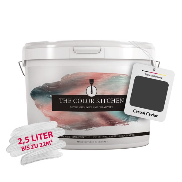Ultra matte Wandfarbe von The Color Kitchen im Farbton Casual Caviar, 2,5 Liter Eimer für bis zu 22 Quadratmeter.