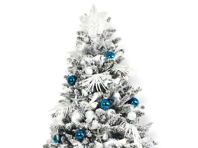 Künstlicher Weihnachtsbaum mit Kunstschnee, dekoriert mit Weihnachtskugeln, Sternen und Blumen