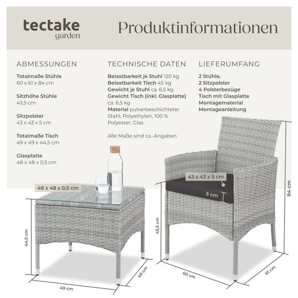 Rattanset tectake Luzern 2 Bezugssets für 2 Personen hellgrau