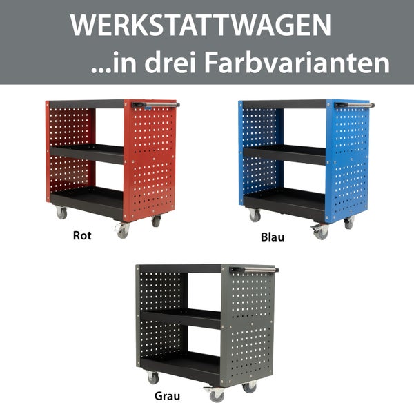 Drei mobile Werkstattwagen mit zwei Ablageflächen und Lochwand aus Metall in den Ausführungen Rot, Blau und Grau.