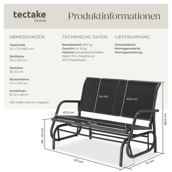 tectake Schaukelbank: Maße 121 mal 72 mal 86,5 Zentimeter, Belastbarkeit 300 Kilogramm, Gewicht circa 15 Kilogramm.