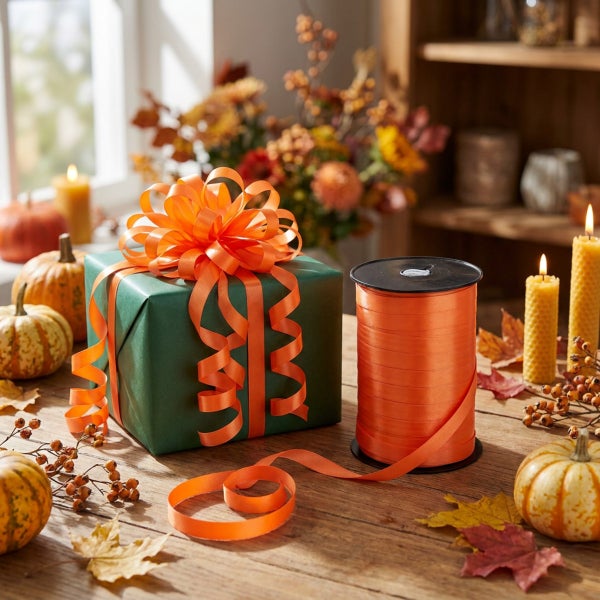 Geschenkband auf Spule neben einem mit einer Schleife verzierten Geschenk und herbstlicher Dekoration auf einem Holztisch.