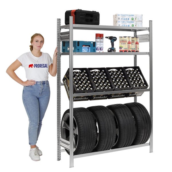 PROREGAL Getränkekistenregal & Reifenregal Chiemsee Tire Made In Germany HxBxT 200 x 136 x 43,5 cm 3 Kisten auf 1 Ebene & 4 Reifen & 2 Boards Verzinkt