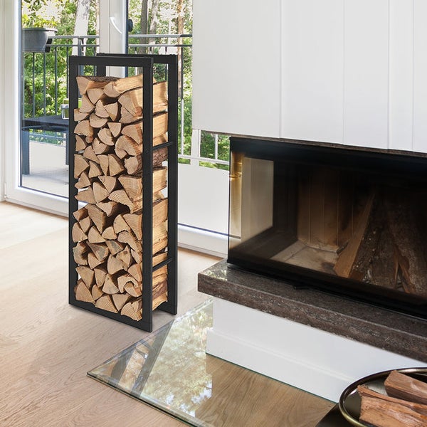FLOORDIREKT Kaminholzregal Kreta - Schwarz - Modernes Brennholzregal - für Innen und Außen - 80 x 25 x 60 cm