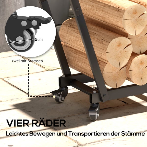 Outsunny Kaminholzregal, mit Rollen, Anzündholz- und Werkzeughaken, Feuerholzregal für Garten, Terrasse, 79 x 30 x 81 cm , Metall, Schwarz