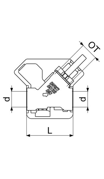 Technische Zeichnung eines Rohrverbinders mit Maßangaben für Länge L, Durchmesser d und Abgang OT sowie Kennzeichnung der Nennweite 25.