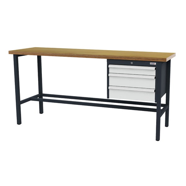 Werkbank mit Arbeitsplatte aus Holz, dunklem Metallgestell und drei hellgrauen Schubladen.