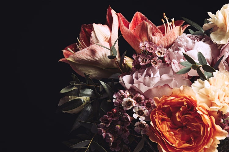 Blumenstrauß mit Amaryllis, Rosen und Eukalyptus vor dunklem Hintergrund