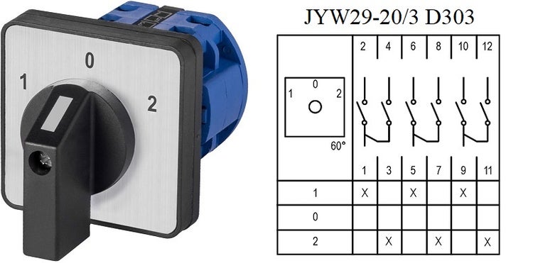 Nockenschalter JYW29-20/3 D303 mit drei Positionen 1, 0, 2 und schwarzem Knebelgriff inklusive Schaltplan.
