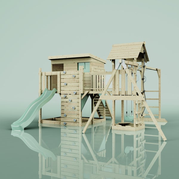 Spielplatz mit Rutsche, Schaukel und Kletterwand aus Holz