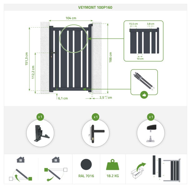 Schiebetor 3x1,6m VEYMONT + Tor 1m VEYMONT H.1,6m grau