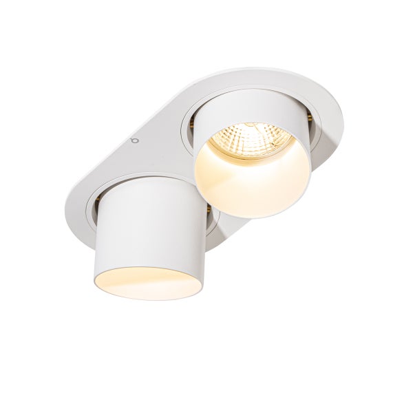 Zweiflammiger LED-Deckenstrahler in Weiß mit verstellbaren zylindrischen Spotlights.