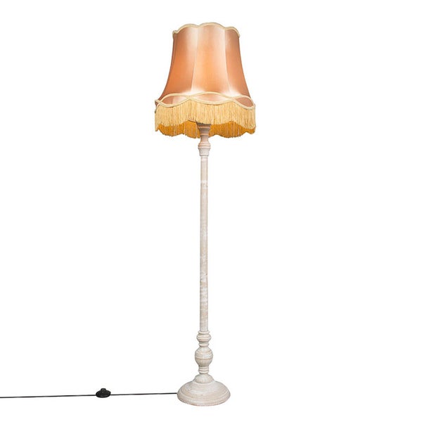 QAZQA - Retro Graue Stehlampe mit Granny-Lampenschirm Gold I Messing - Classico I Wohnzimmer I Schlafzimmer - Holz Rund - LED geeignet E27