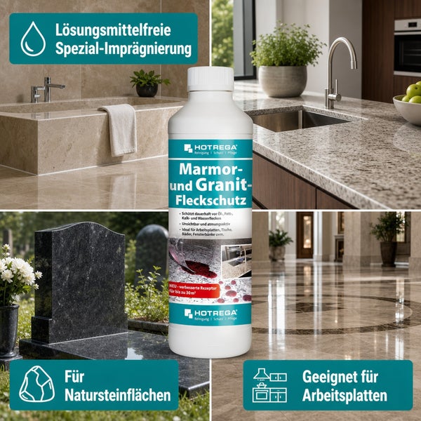 HOTREGA Marmor- und Granit-Fleckschutz zur Imprägnierung von Natursteinflächen, geeignet für Arbeitsplatten, Tische und Böden im Innenbereich.