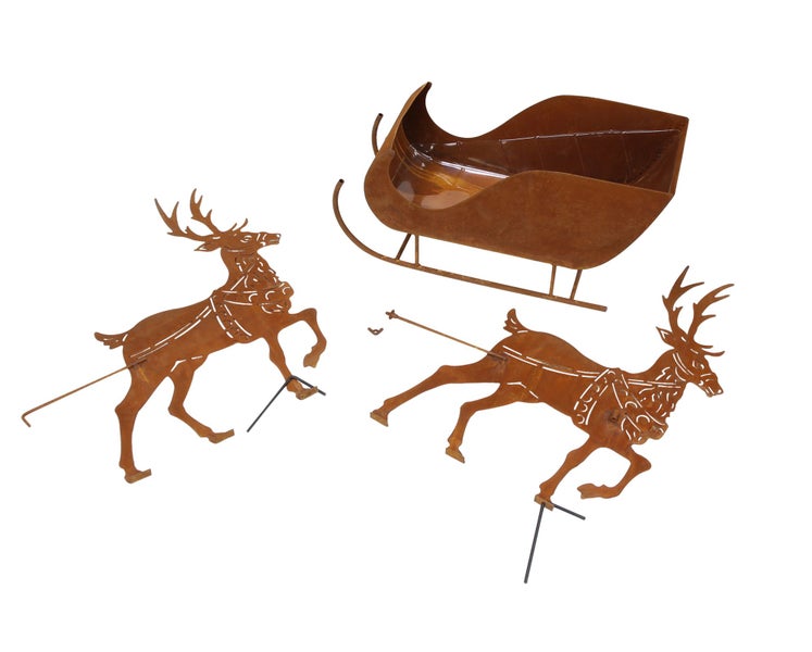 Weihnachtsdekoration Set aus Metall in Edelrost Optik mit Schlitten und zwei Rentieren für die Außendekoration
