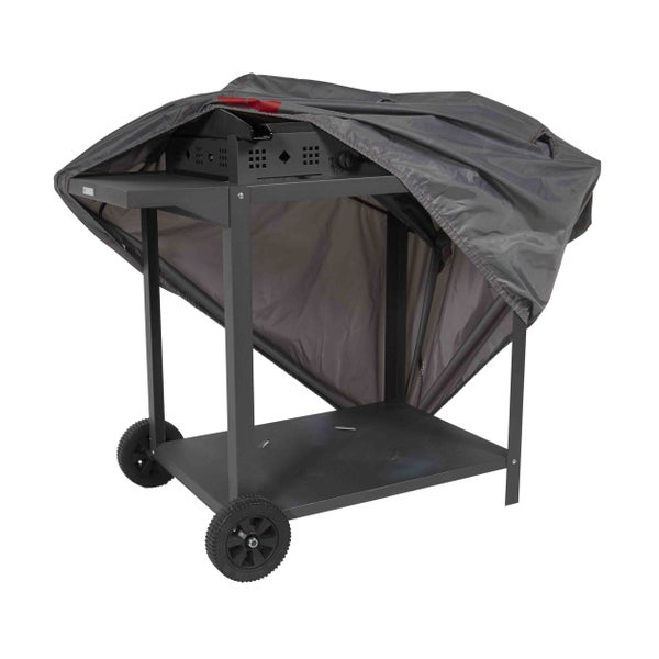 Dunkelgrauer Grillwagen mit Plancha und grauer Abdeckhaube aus Metall und Kunststoff auf Rollen.