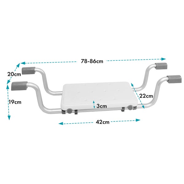 Badewannenbrett mit den Maßen 78 bis 86 Zentimeter Länge, 42 Zentimeter Breite, 3 Zentimeter Höhe, 20 Zentimeter Tiefe, 19 Zentimeter Höhe und 22 Zentimeter Breite