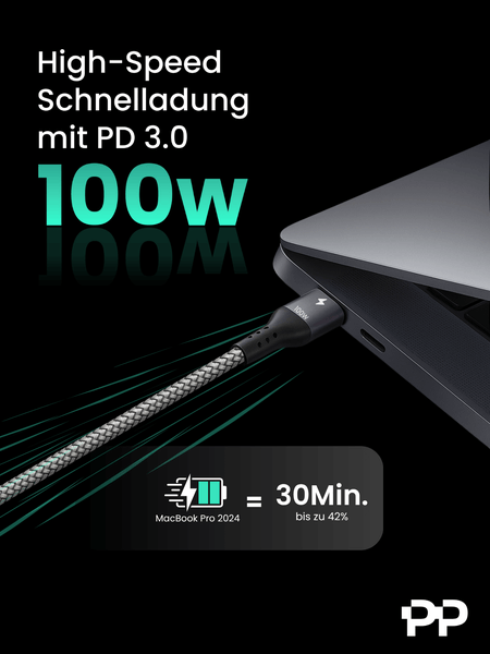 ProfiPatch USB C Kabel 0,5m - 100W PD 3.0 5A E-Mark Chip grau Goldkontakt Textil