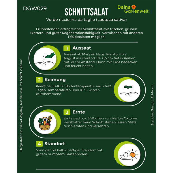 Infografik für Schnittsalat Verde ricciolina da taglio mit Details zu Aussaat, Keimung, Ernte und Standort. Deine Gartenwelt Logo.