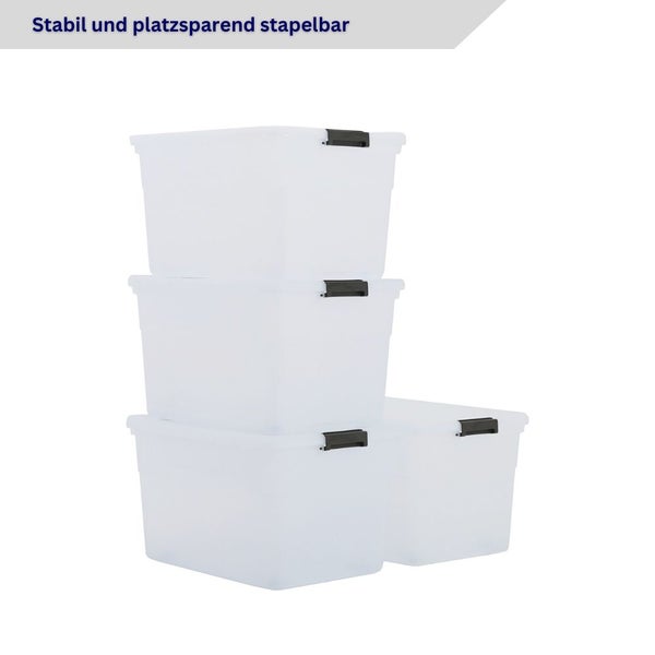 Stapelbare transparente Aufbewahrungsboxen aus Kunststoff mit Deckel und schwarzen Verschlussclips.
