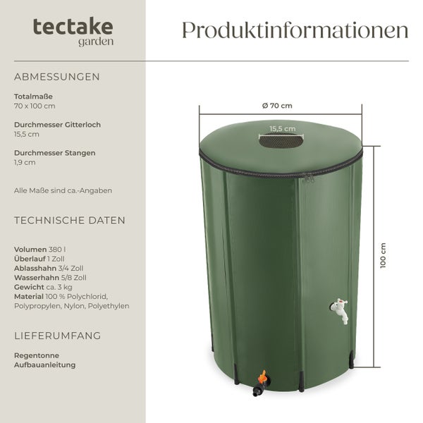 Regentonne mit Produktinformationen, Abmessungen und technischen Daten von Tectake Garden